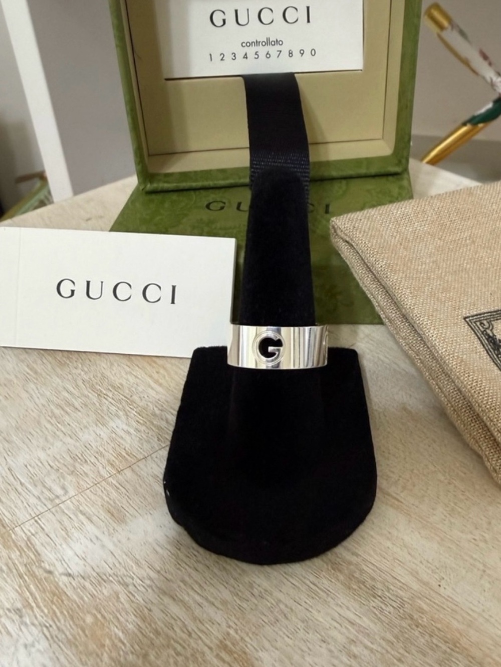 🩶 NEW AUTHENTIC GUCCI CUT-OUT G LOGO STERLING SILVER RING.